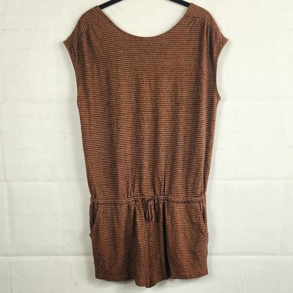Prana Rust Striped Romper Organic Cotton Hemp Boho Casual Summer Hiking Medium - Picture 2 of 15